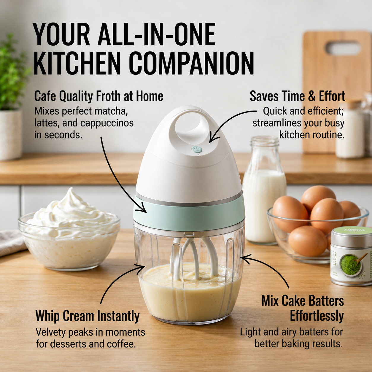 Electric Milk Frother Handheld Whisk Egg Beater Foam Maker USB Rechargeable Drink Mixer Coffee Latte Matcha Whipped Cream Cappuccino Hot Chocolate Egg Mixer Kitchen Gadget